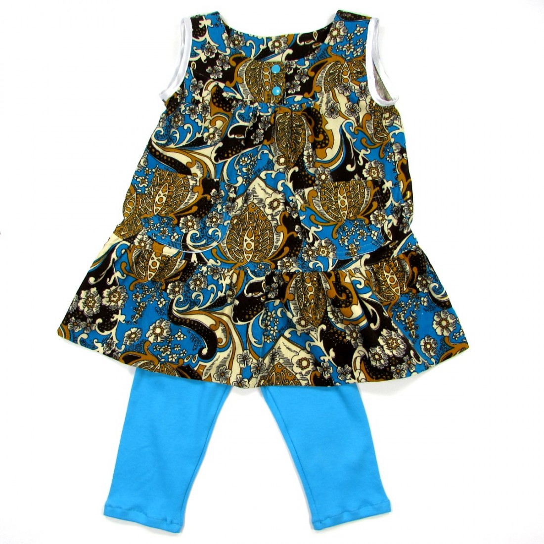 Robe bébé fille en velours bleu turquoise et ocre avec legging
