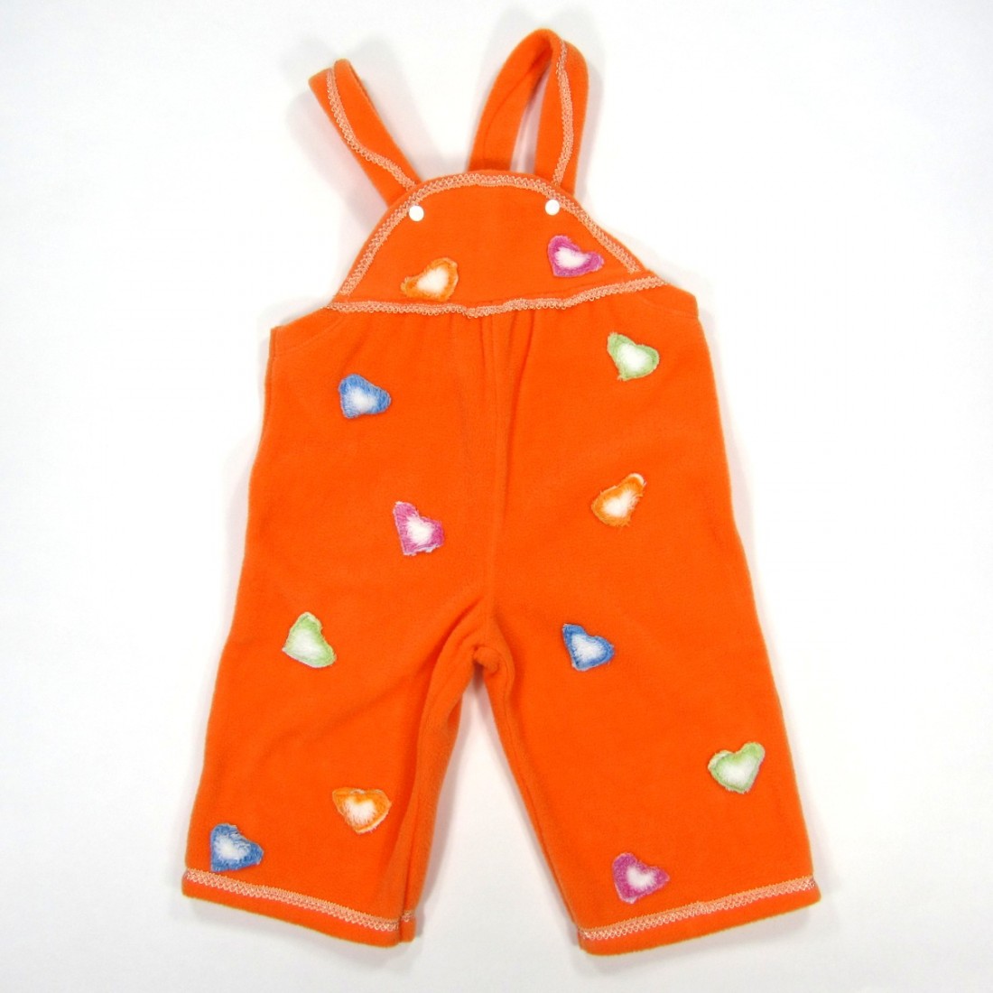 Salopette polaire orange bébé fille avec patchs en peluche bleu