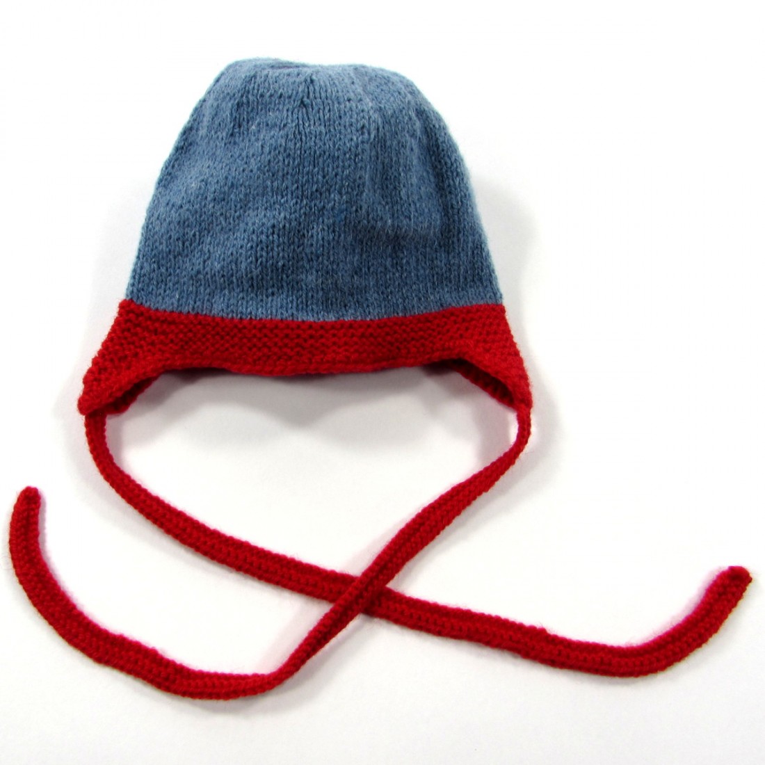 Bonnet bébé garçon naissance à oreilles au tricot bleu et rouge